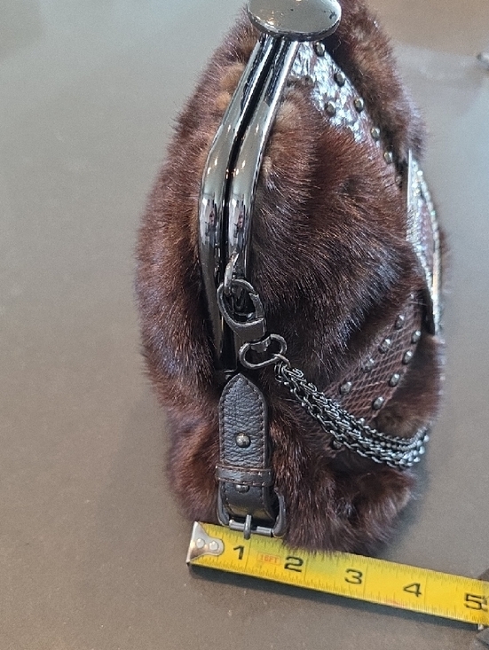 Brown Mink and Snake-Texture Evening Bag with Rhinestone Buckle & Kiss Closure - Picture 13 of 16